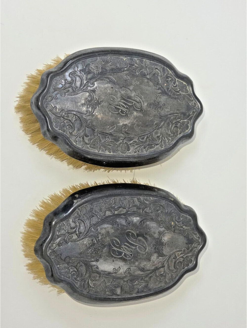 Vintage Derby Silver Co Clothes Brush Set Floral Engraved Monogram RB Pair